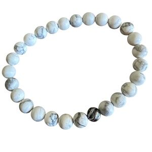NEW White Howlite 8mm Beaded Stretch Bracelet Sterling Silver Matte Spacer